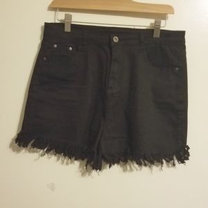 Black Long Fringe Denim Stretch Shorts LG